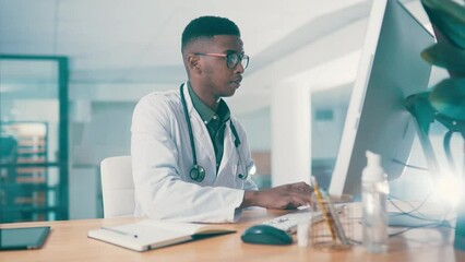 Poster - Black man, doctor and typing on keyboard, glasses for reading and notes, update medical info on clinic database. Computer, medicine and surgeon with research for surgery, healthcare study and vision