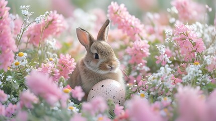 Wall Mural - Happy Easter Holiday concept. Cute adorable rabbit baby bunny in surreal dreamy flower garden and eggs background. Spring festive season greeting card banner wallpaper.