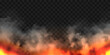 Realistic smoke clouds and fire. Flame blast, explosion. Stream of smoke from burning objects. Forest fires. Transparent fog effect. White steam, mist. Vector design element.