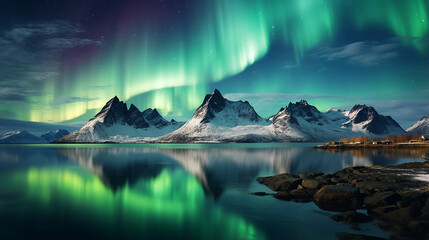 northern lights above mountains and ocean. beautiful nature scene