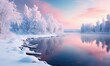 Winter landscape with snow covered trees and water. Generative AI.