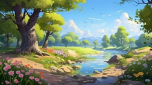 The River Bank With Flowers And Trees Video Game Design