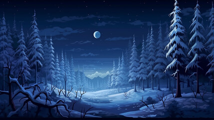 Wall Mural - winter night forest horizontal seamless pixelated