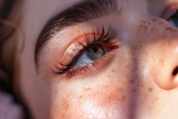 Wall Mural - A closeup view on the eye of a beautiful young woman. A slight dark circle can be seen beneath the eye. Details of girl with brown iris.