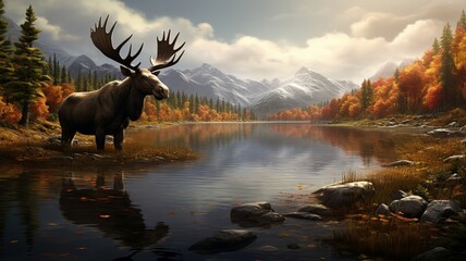 Wall Mural - Majestic Elk Deer Grazing by the Riverside with Scenic Nature Background - AI-Generative