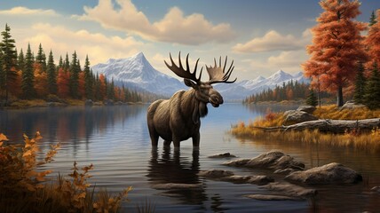 Wall Mural - Majestic Elk Deer Grazing by the Riverside with Scenic Nature Background - AI-Generative