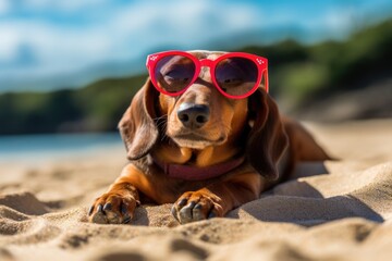 Wall Mural - Funny dog wearing red sunglasses laying in the sand at the beach sea on vacation. Sunny ocean shore. Summer holiday by the sea