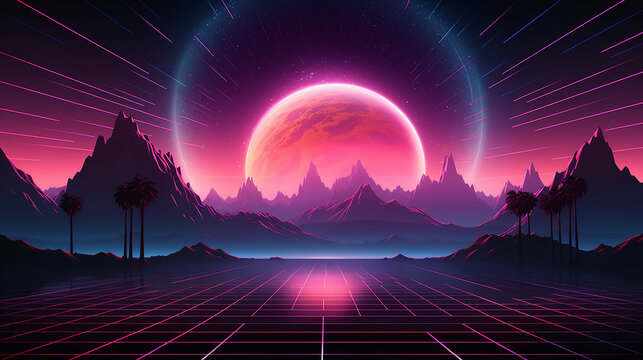 retro sci fi background futuristic landscape of the 80s. Digital Cyber Surface. 3D illustration.