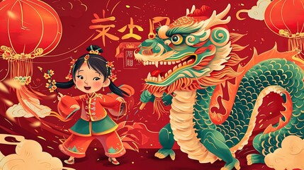 Canvas Print - Girl and Dragon Chinese New Year