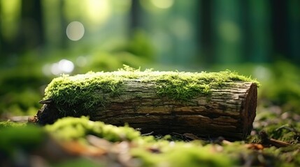 The rough texture of a fallen tree trunk, with tiny moss sprouts slowly spreading along it, providing a calming focal point during a meditation session in the park with the aid of an app.