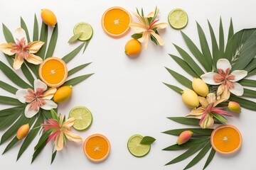 A refreshing summer treat. Top view flat lay of alstroemeria blooms with citrus slices and palm leaves on a white background with an empty space for text, Generative AI 