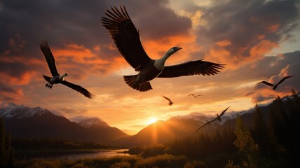 Wall Mural - Majestic Seagulls Soaring in the Radiant Golden Sunset Sky - AI-Generative