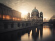 View of Berlin Cathedral by the canal, romantic landscape and art nouveau inspiration