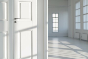 Wall Mural - Whitewashed wooden door basking in soft sunlight in the interior of a modern building. Pristine surface and a room flooded with natural light.