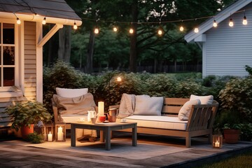 Canvas Print - Cozy backyard modern home festooned with garlands in evening, place to relax, generative ai.