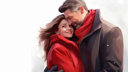 Wall Mural - Portrait of a happy middle-aged couple in love Wrapped in warm coats, generated by AI. valentine love woman and man winter png like style