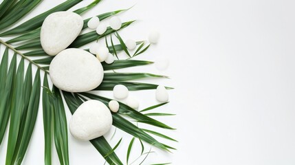 Wall Mural - Top view of natural white stones and palm leaves on a white background. Spa background, top view. A tropical summer background for luxury product placement