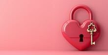 Heart Shaped Locked Padlock With Key On Pink Background
