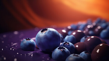 Wall Mural - A collection of ripe blueberries with a glossy finish on a purple background with a soft-focus backdrop.