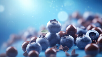 Wall Mural - Ripe blueberries with scattered chocolate chips on a blue background, creating a dreamy culinary scene.