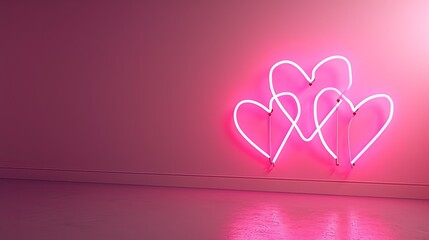 A Shape of hearths  made by light neon on a pink wall, romantic, St. Valentine day concept.