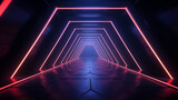 Fototapeta Przestrzenne - geometric figure in neon light against tunnel 3d visualization