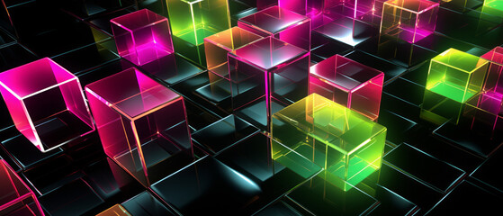 Wall Mural - Neon Glow Cubic Network