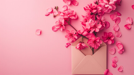 Wall Mural - Valentine Pink flowers and petal envelope on pastel pink background.
