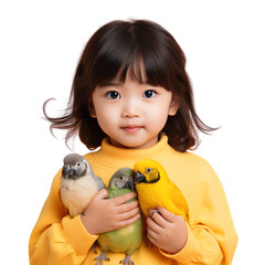 Wall Mural - Little girl playing with birds isolated on white background