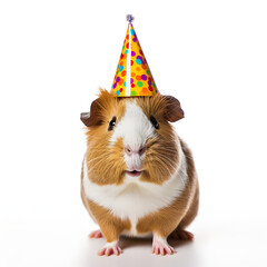 A Guinea Pig wearing a birthday hat isolated on a white background 