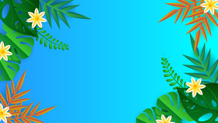 Wall Mural - Colorful colourful summer background style vector illustration. Summer background with surf, leave, flower, beach, lifebuoy, monstera, watermelon, drink, umbrella