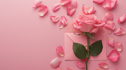Wall Mural - Valentine Pink Rose flowers and petal envelope on pastel pink background.