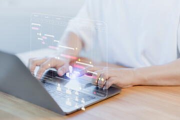 Poster - Employee working with computer in business analytic and data management system to make report with KPI and metric connect to database. Corporate strategy for operations, planning, marketing and HR.