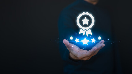 Poster - Businessman hand show the best quality guarantee with five stars. Testimonial, Assurance, Standard, ISO Certification, Review, Feedback, Certification Concept. Assessment quality of business service.