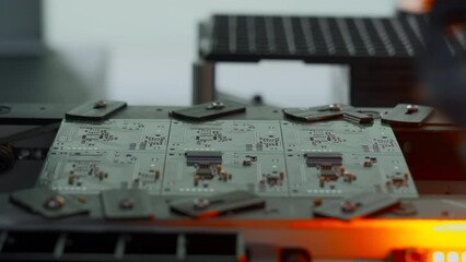 Poster - Coating machine for printed circuit board at work. Creative. Close up of automated robotic mechanism making circuit board.