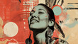 Modernist collage with profile portrait of smiling young Native American woman. Poster concept art; abstract graffiti. Girl with traditional ethnic jewelry, descendant of indigenous people