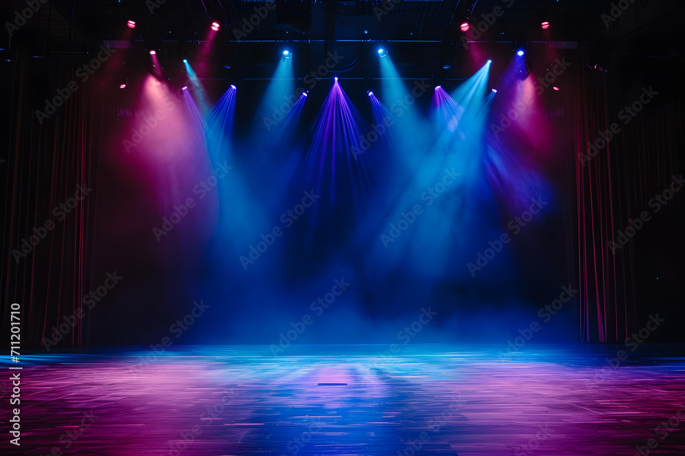 Stage light background with blue and purple spotlight illuminated the stage with smoke. Empty stage for show with backdrop decoration.