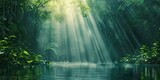 Fototapeta  - Enchanted woodlands. Serene capture of forest bathed in gentle morning sunlight reflecting in tranquil river ideal nature landscape and scenic collections