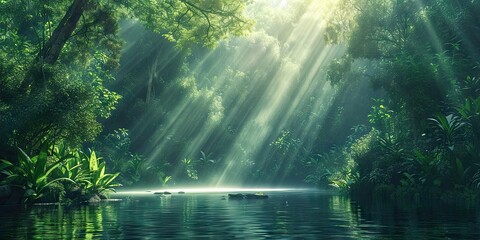 Wall Mural - enchanted woodlands. serene capture of forest bathed in gentle morning sunlight reflecting in tranqu