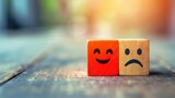 Fototapeta  - Mental health and emotional state, Smile face in bright side and sad face in dark side on wooden block cube for positive mindset selection, expression, mask, bipolar, generate by AI