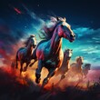 fantasy horses racing through the field during sunset sky illustration 