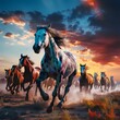 herd horses running on the grassland during sunset time illustration