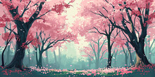 Cherry blossom trees woodland forest, Japan, Japanese blossoms tree, Seasonal pink bloom, generated ai