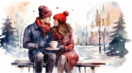 Wall Mural - A loving couple couple sits on a puff near a Christmas tree and drinks hot chocolate isolated on white background.Christmas.New Year and love story watercolor postcard,poster,card,illustration.. valen