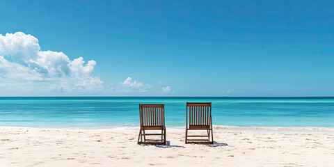 Canvas Print - Chairs on paradise tropical beach, relaxing goals, couple destination, ocean background, generated ai