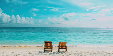 Canvas Print - Chairs on paradise tropical beach, relaxing goals, couple destination, ocean background, generated ai