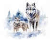 © keystoker - A Painting of Two Wolves in the Snow. Watercolor illustration.