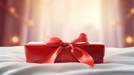 Wall Mural - Red gift box with red ribbon on on bokeh festive Christmas background