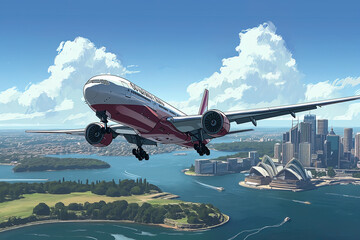 Wall Mural - Airplane above Sydney Opera House in Australia, cartoon illustration aerial view