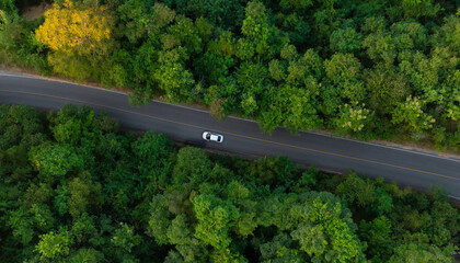 Wall Mural - Aerial view of dark green forest road and white electric car Natural landscape and elevated roads Adventure travel and transportation and environmental protection concept